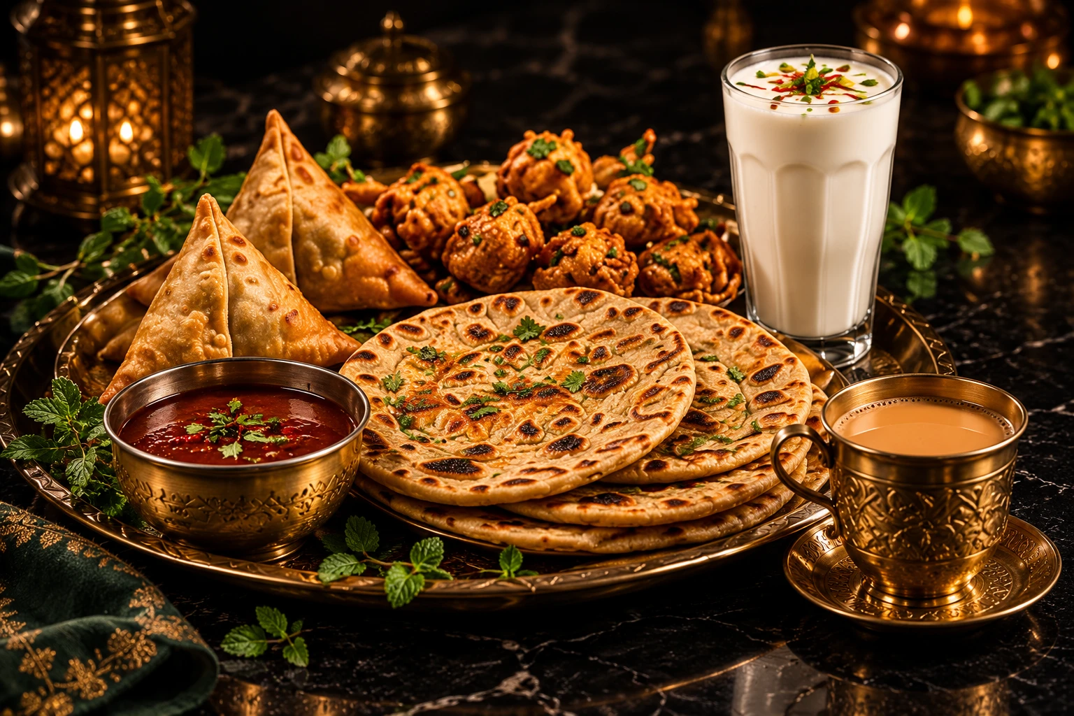 Illustration: Punjabi breakfast with parathas, samosas, pakoras and lassi