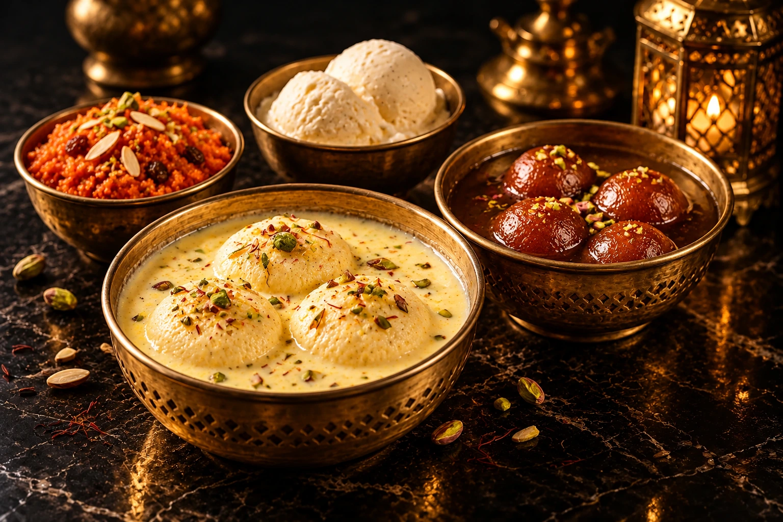 Illustration: Rasmalai, gulab jamun, gajar halwa and vanilla ice cream in brass serving bowls
